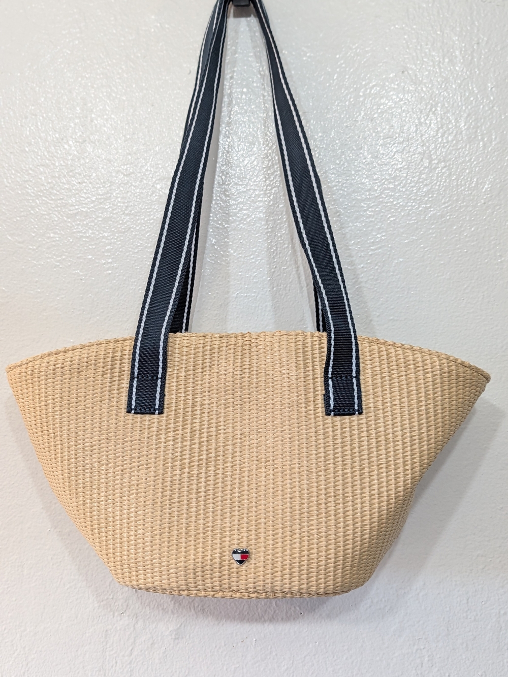 Tommy Hilfiger Beige Woven Tote with Black Straps